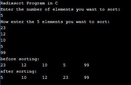 radix sort program in c