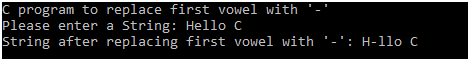 c program to replace first occurrence of vowel with '-'