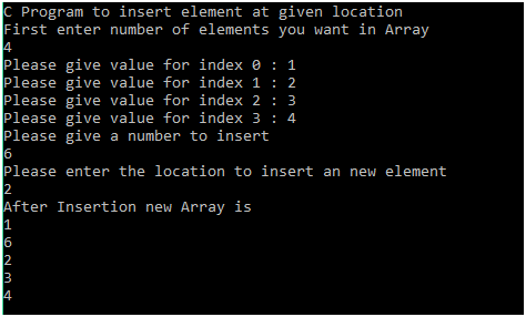 C program to insert element at a given location in array