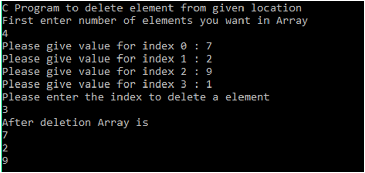 C Program to delete element from array at given index