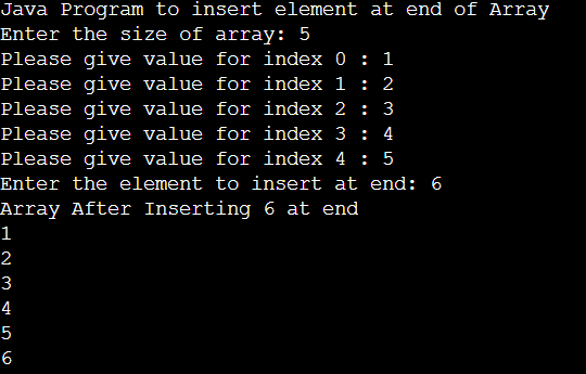 Java Program to Insert Element At the End of Array